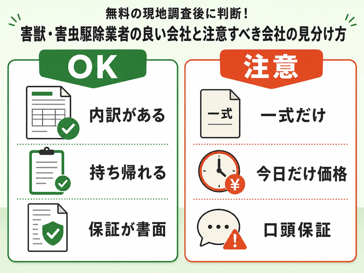 害獣駆除の無料調査で良い業者と注意すべき業者を比べる図