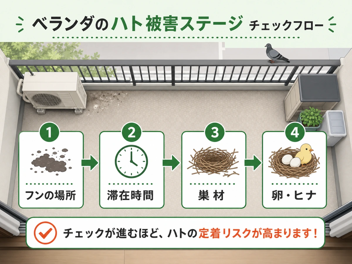 ベランダのハト被害段階をフンの場所、滞在時間、巣材、卵やヒナで確認する図