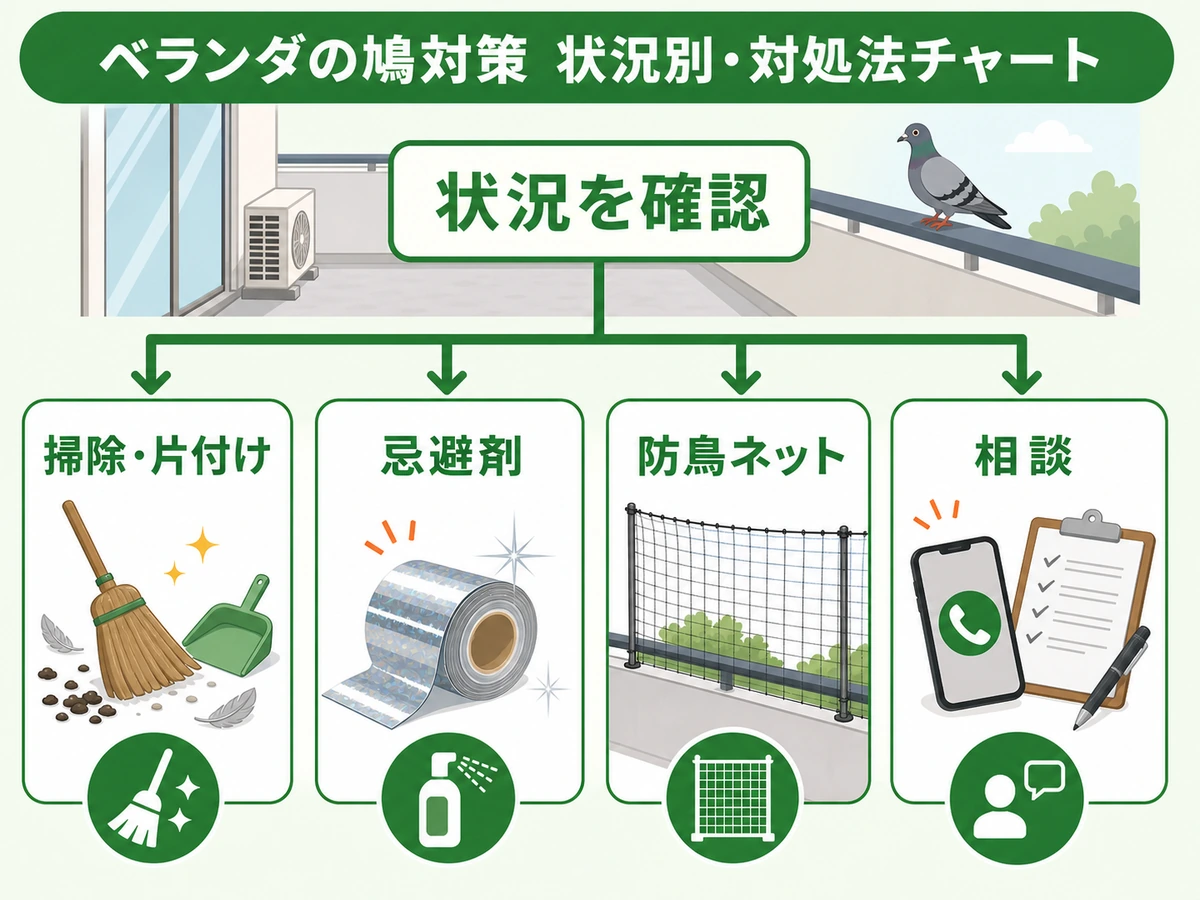 ハト対策を掃除、忌避剤、防鳥ネット、相談に分ける判断チャート
