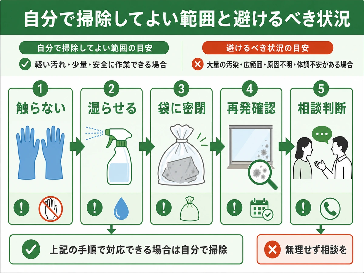 コウモリのフンを掃除する前の触らない・湿らせる・相談判断の流れ