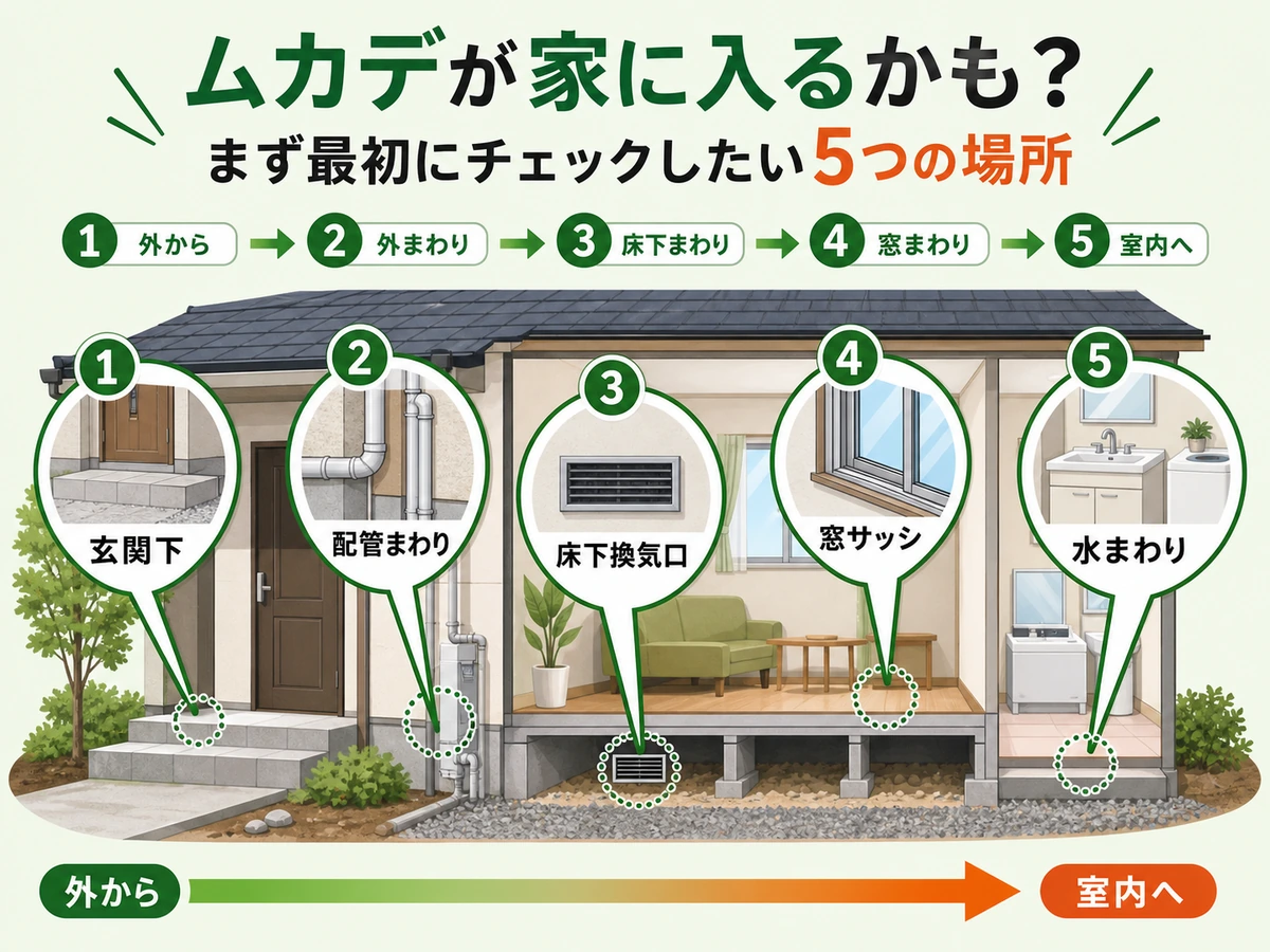 ムカデが入りやすい玄関下、配管まわり、床下換気口、窓サッシ、水まわりの確認図