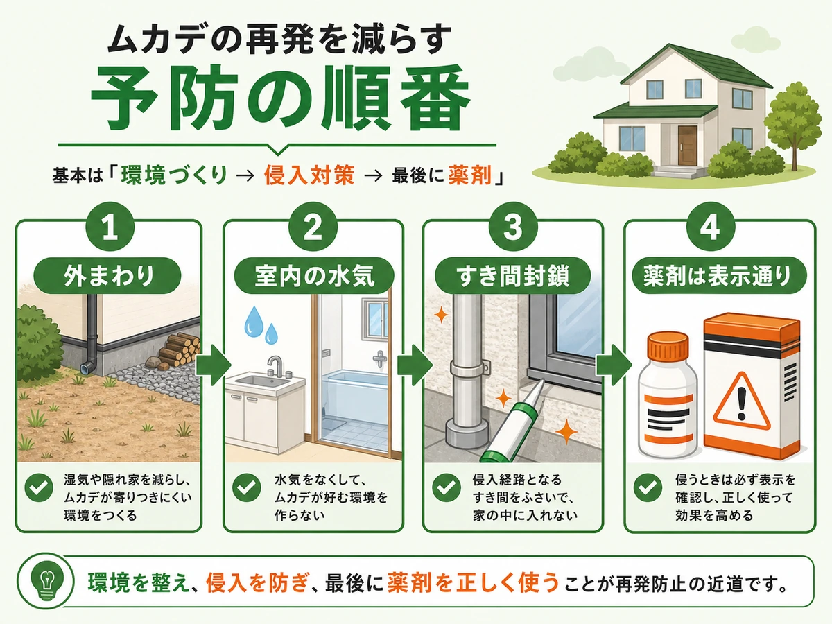 ムカデ予防の外まわり、室内の水気、すき間封鎖、薬剤表示確認の順番