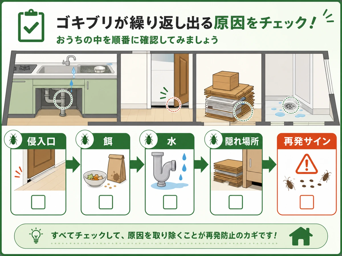 ゴキブリが繰り返し出る家の侵入口・餌・水・隠れ場所の確認フロー