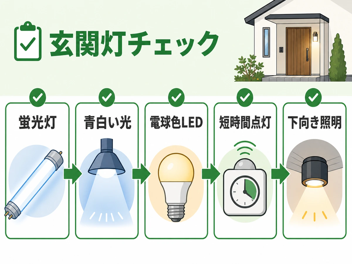 蛍光灯、青白い光、電球色LED、短時間点灯、下向き照明を確認する流れ
