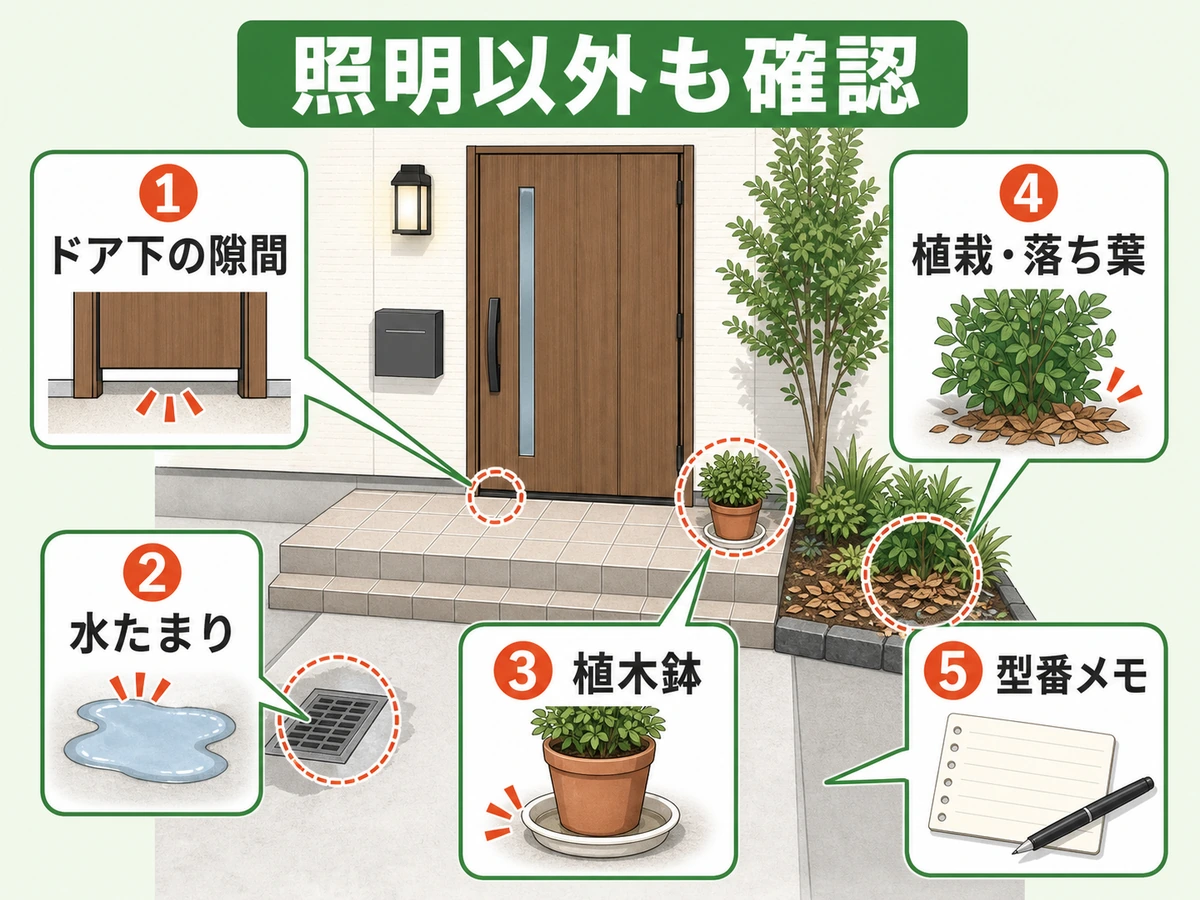 玄関まわりのドア下の隙間、水たまり、植木鉢、植栽、型番メモを示す図