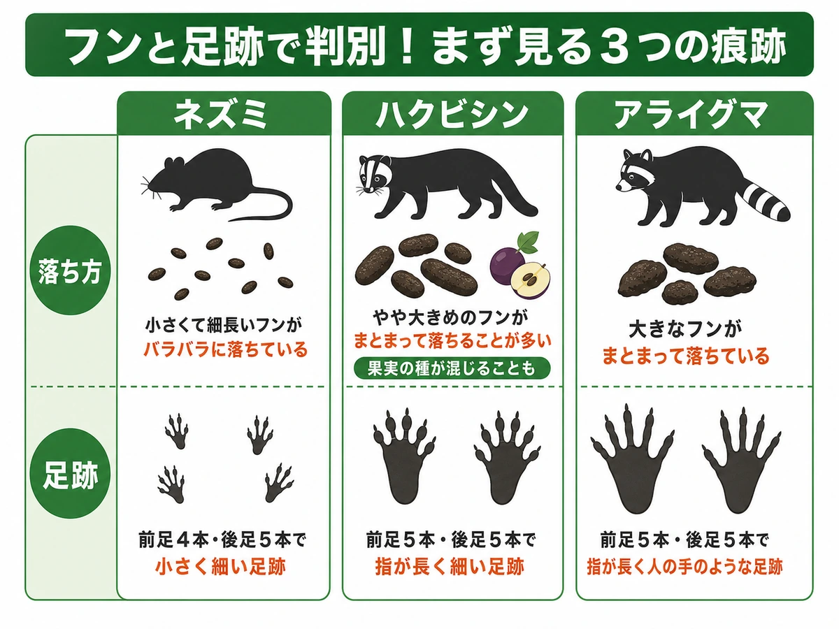 ネズミ・ハクビシン・アライグマのフンと足跡の比較図
