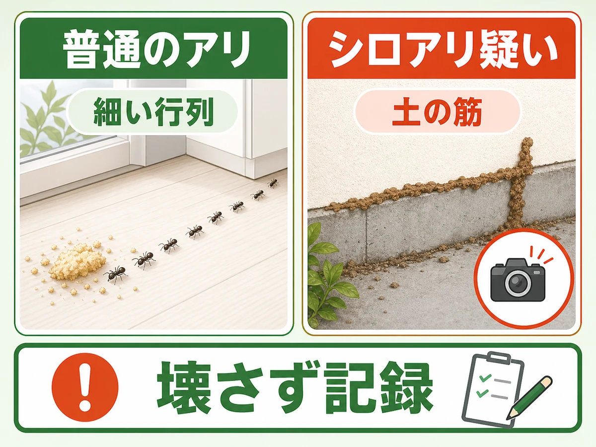 普通のアリの行列とシロアリ疑いの蟻道を見分ける図