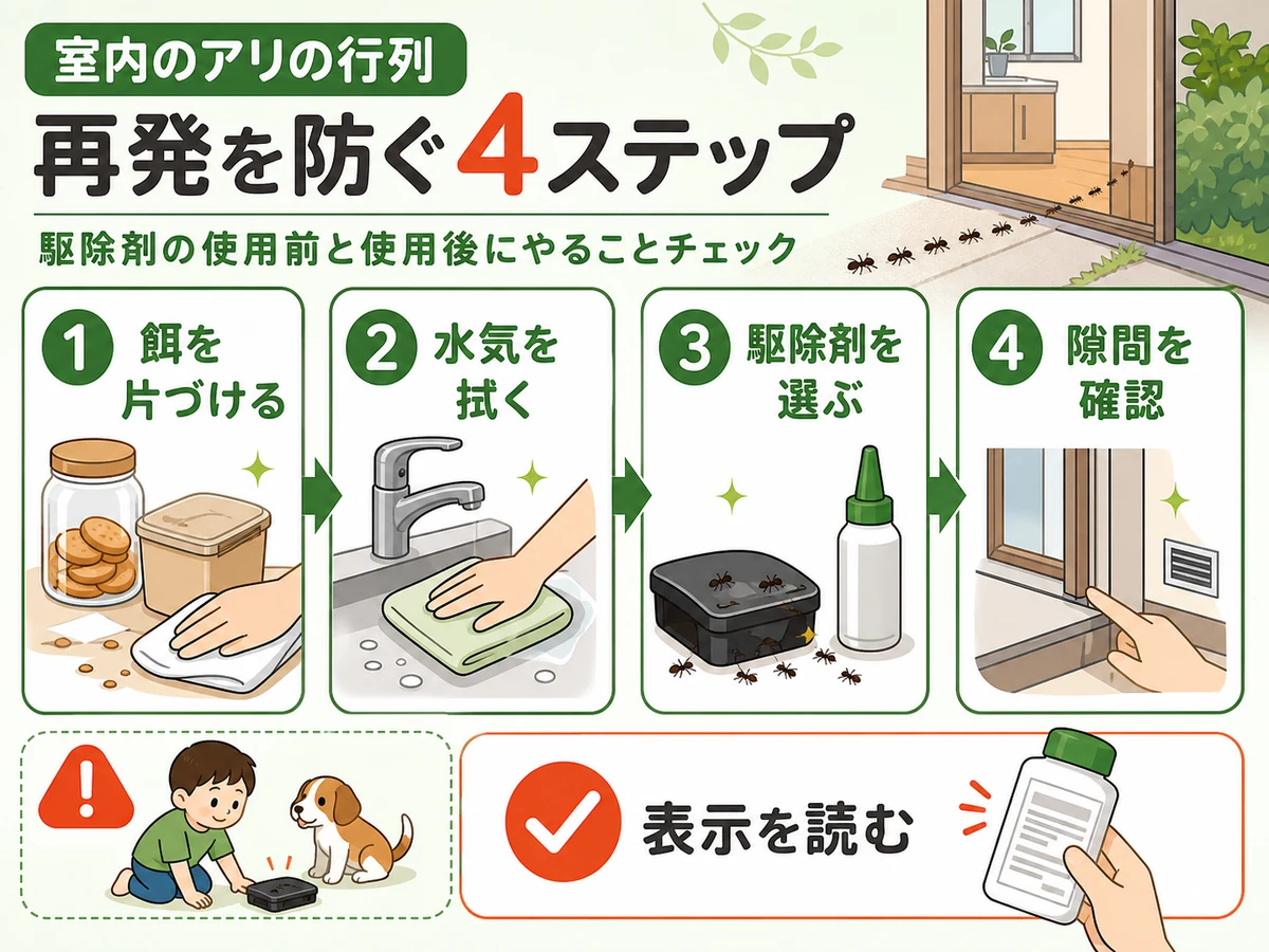 室内のアリの行列を再発させないための確認手順