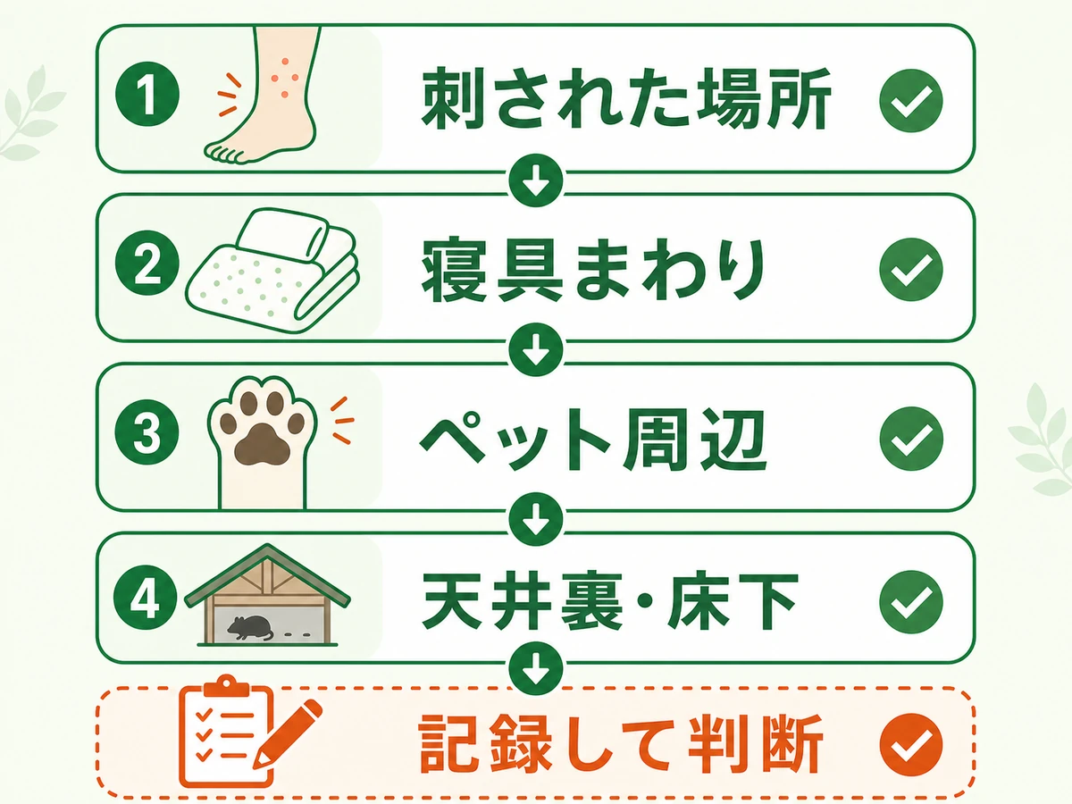刺された場所、寝具、ペット、天井裏・床下を順に確認する発生源チェックフロー
