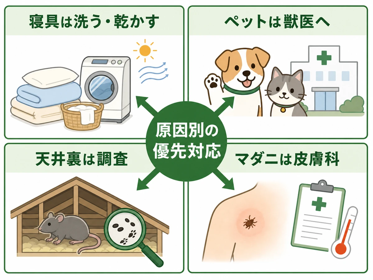寝具、ペット、天井裏、マダニの原因別に優先対応を示す図