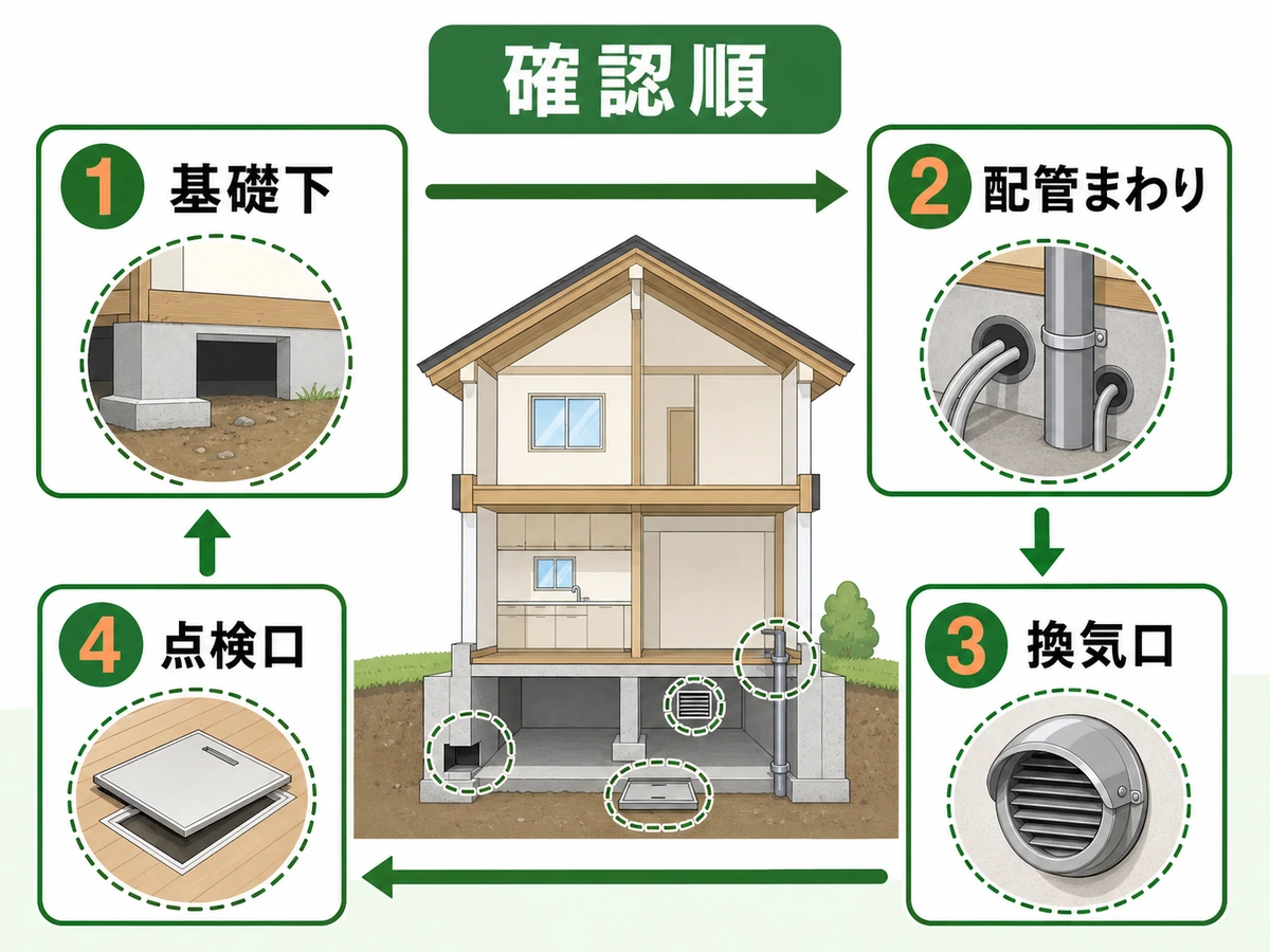 害虫・害獣対策で基礎下、配管まわり、換気口、点検口を確認する順番