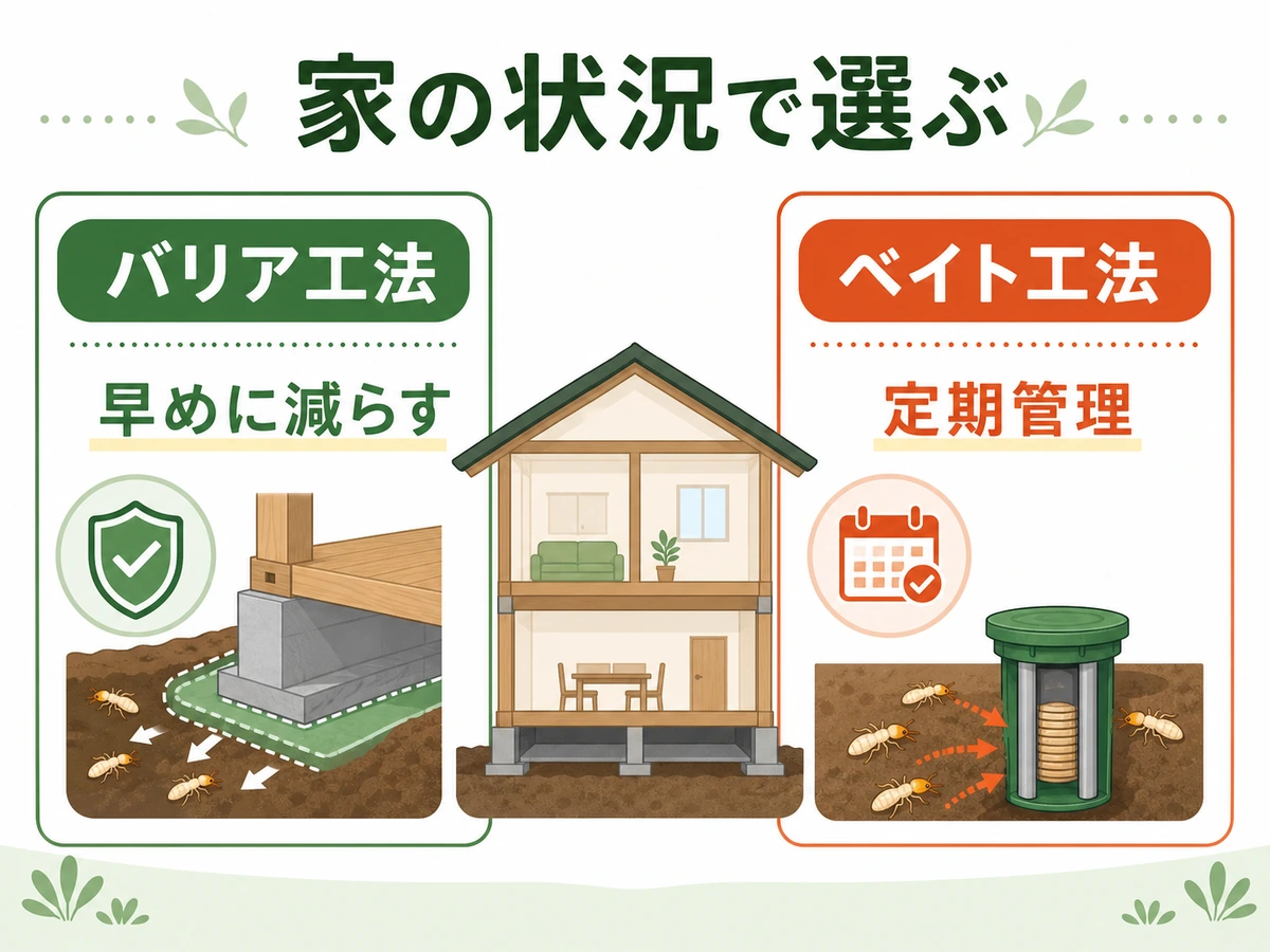 バリア工法とベイト工法を家の状況で選ぶ比較図