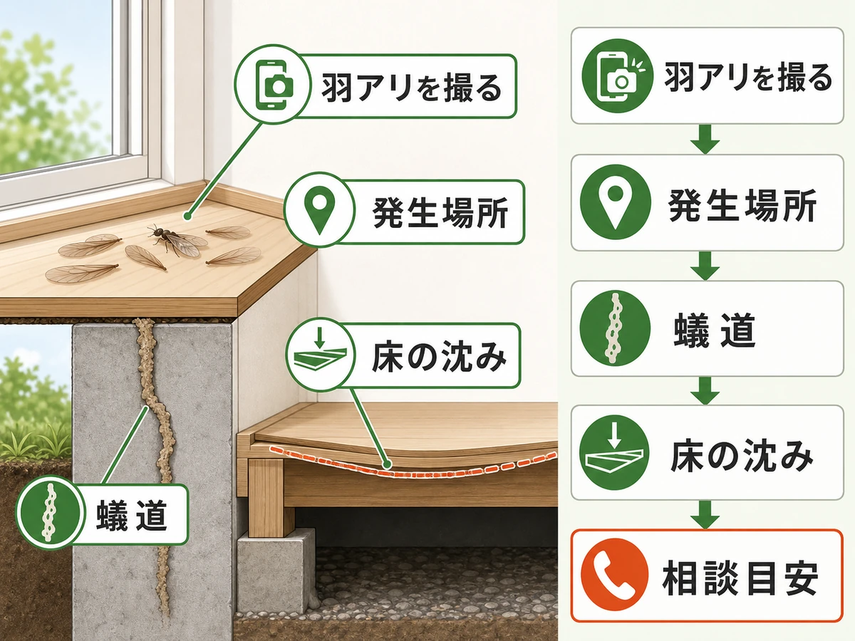 羽アリ発見時に記録する内容と相談目安を示す確認フロー