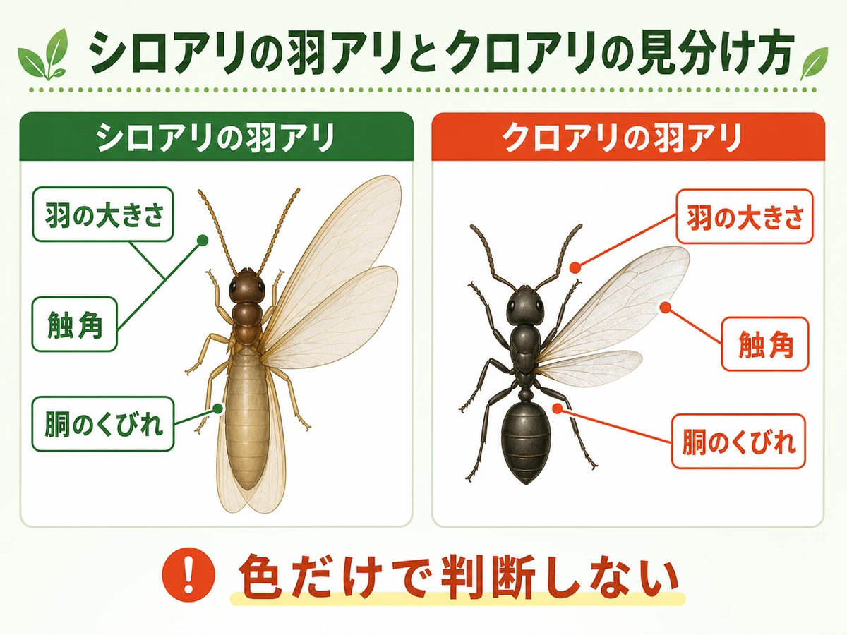 シロアリとクロアリの羽アリを羽・触角・胴で比較する図