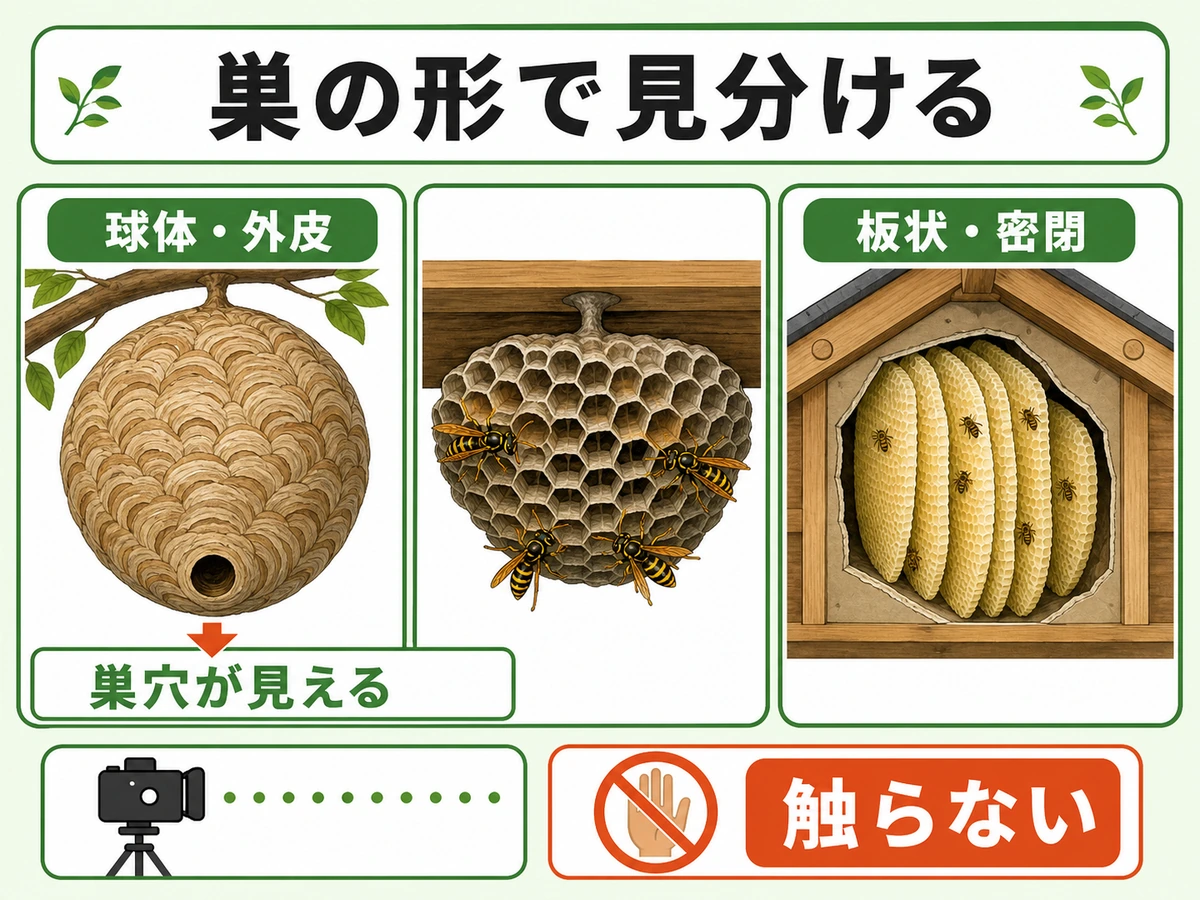 スズメバチ・アシナガバチ・ミツバチの巣を形で比較する図解