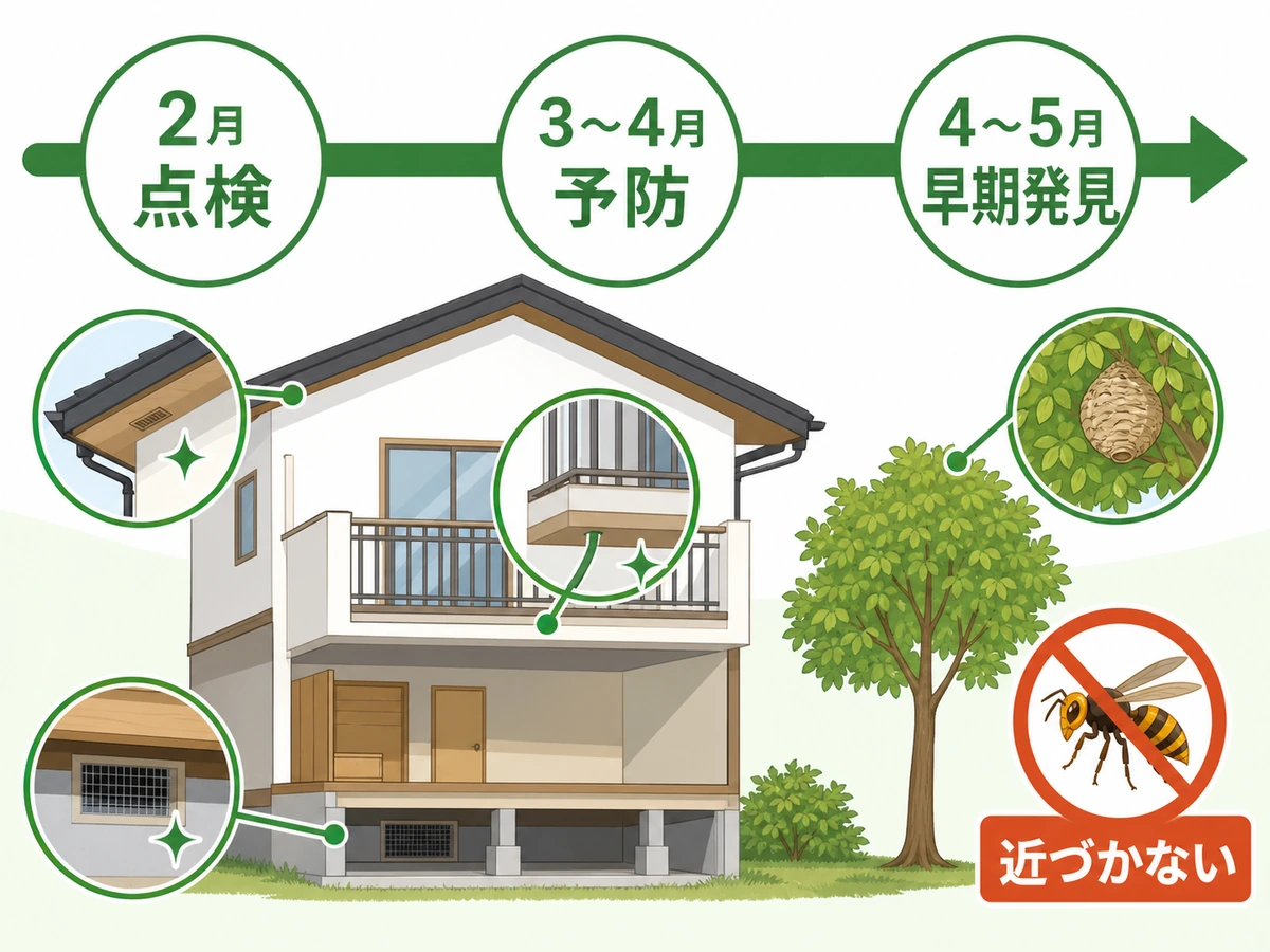2月から5月までのスズメバチの巣予防チェック順