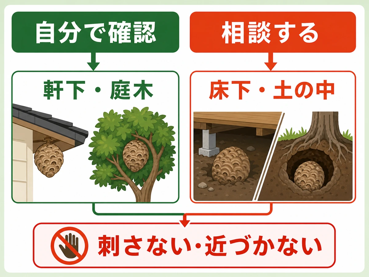 自分で確認できる範囲と相談する目安を示すスズメバチ予防の判断図
