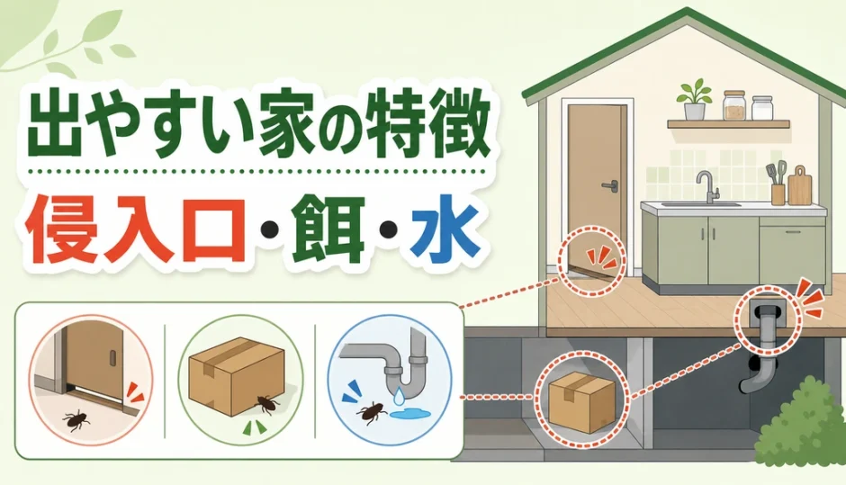 ゴキブリが出やすい家の侵入口・餌・水を示す図解