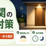 玄関の虫対策として照明、隙間、水を確認するイメージ