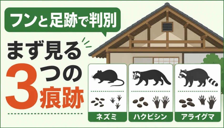 フンと足跡でネズミ・ハクビシン・アライグマを見分ける説明画像