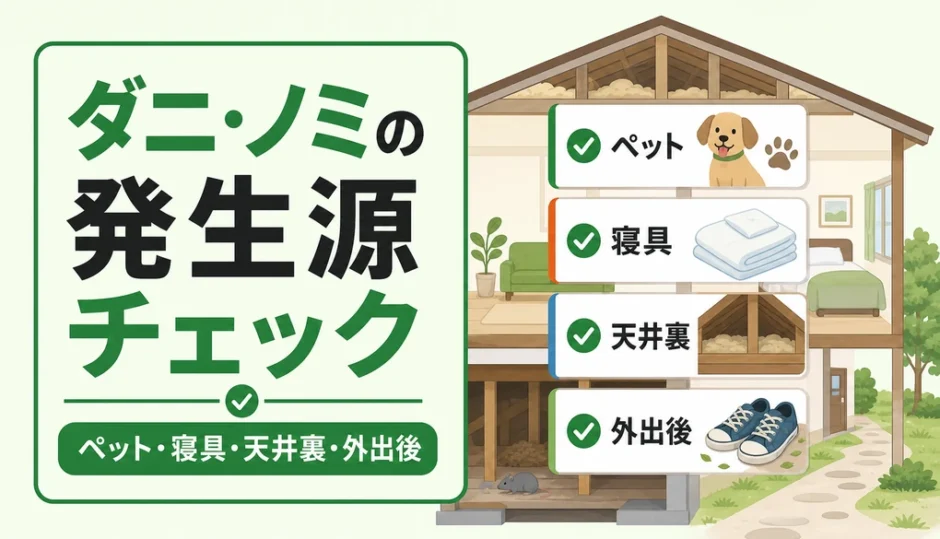 ダニ・ノミの発生源をペット・寝具・天井裏・外出後で確認する図