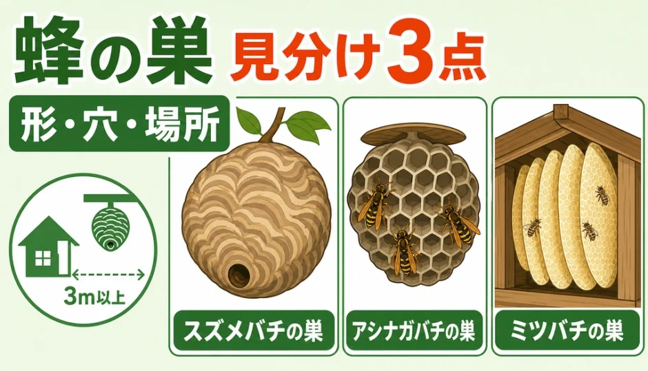 蜂の巣の見分け方を形・巣穴・場所で示す比較サムネイル