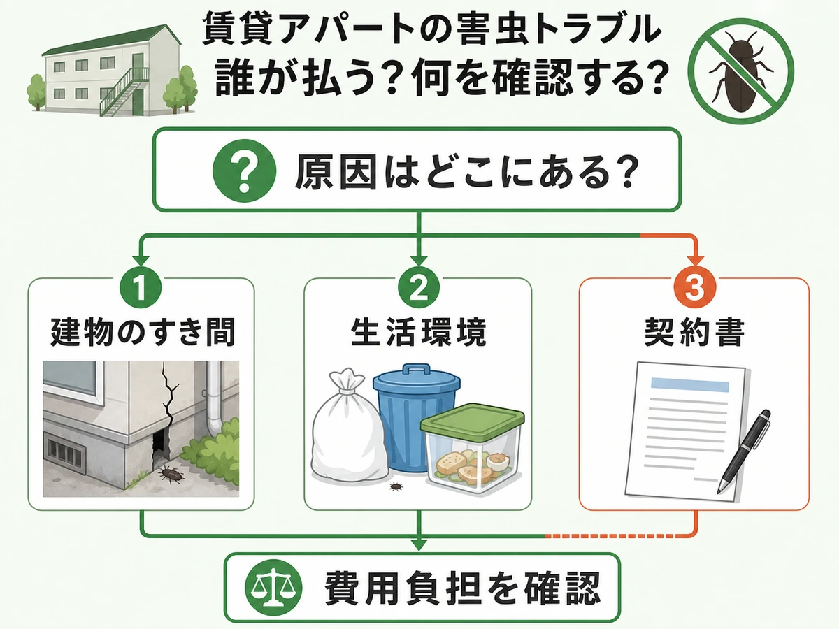 害獣駆除費用の負担を建物原因、生活環境、契約書から確認する図