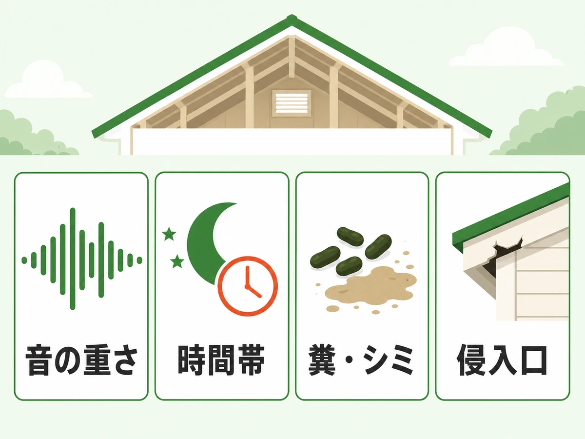 天井裏の音を音の重さ、時間帯、糞やシミ、侵入口で確認する図
