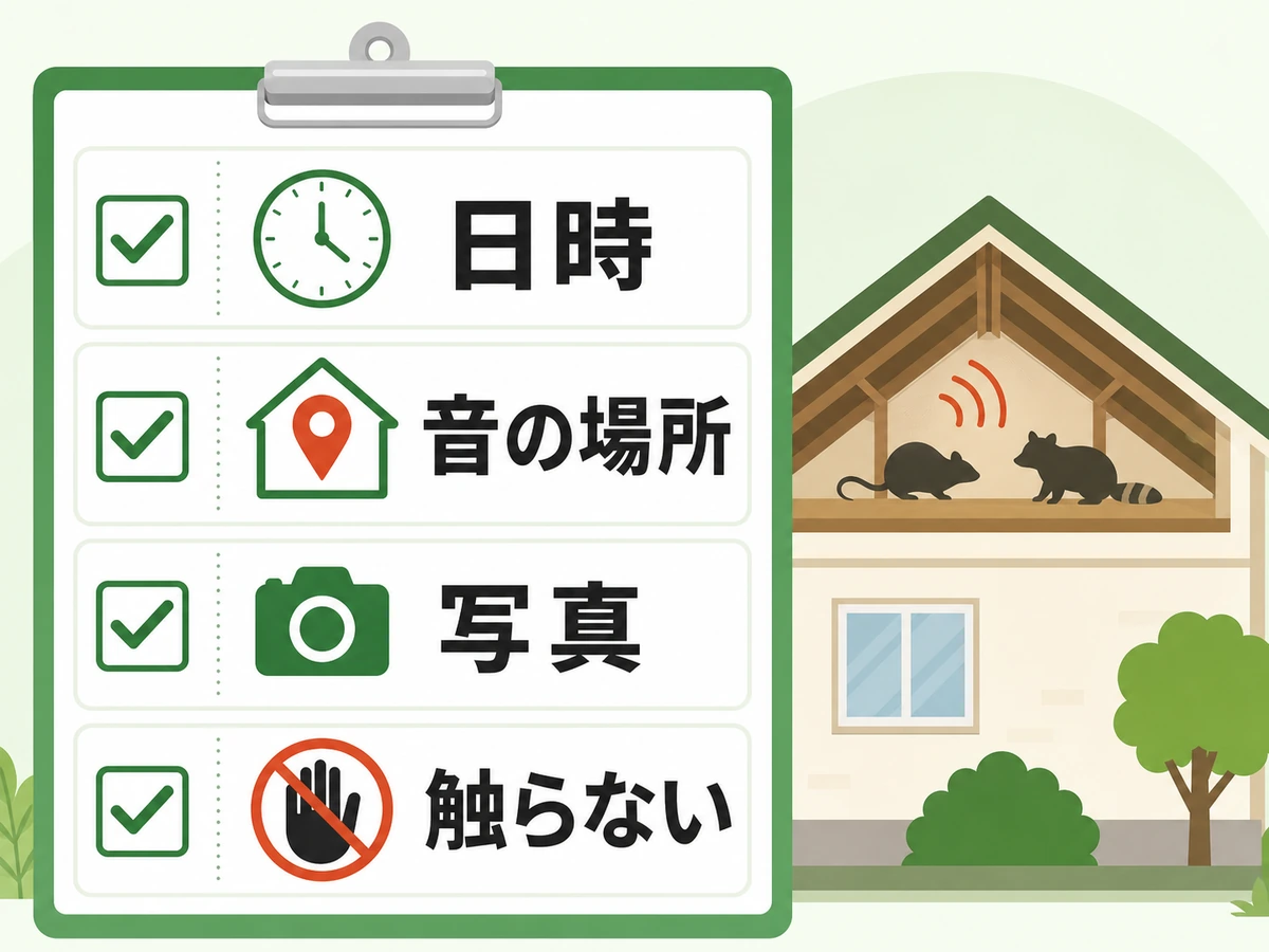 相談前に日時、音の場所、写真を記録し触らないことを示す図