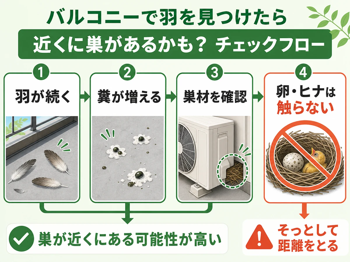 ベランダの鳥の羽から巣の可能性を確認する流れ