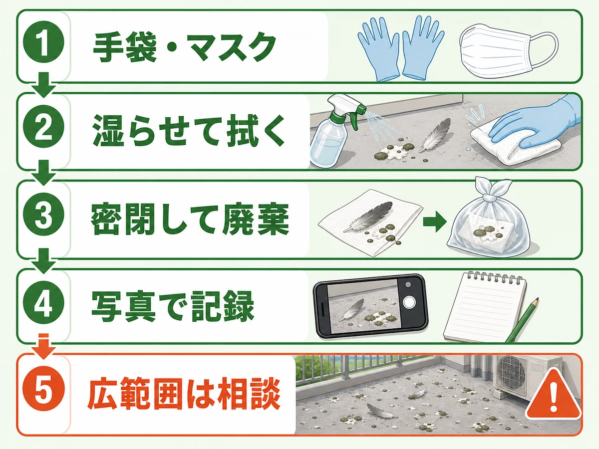 ベランダの鳥の羽と糞を安全に処理する初動フロー