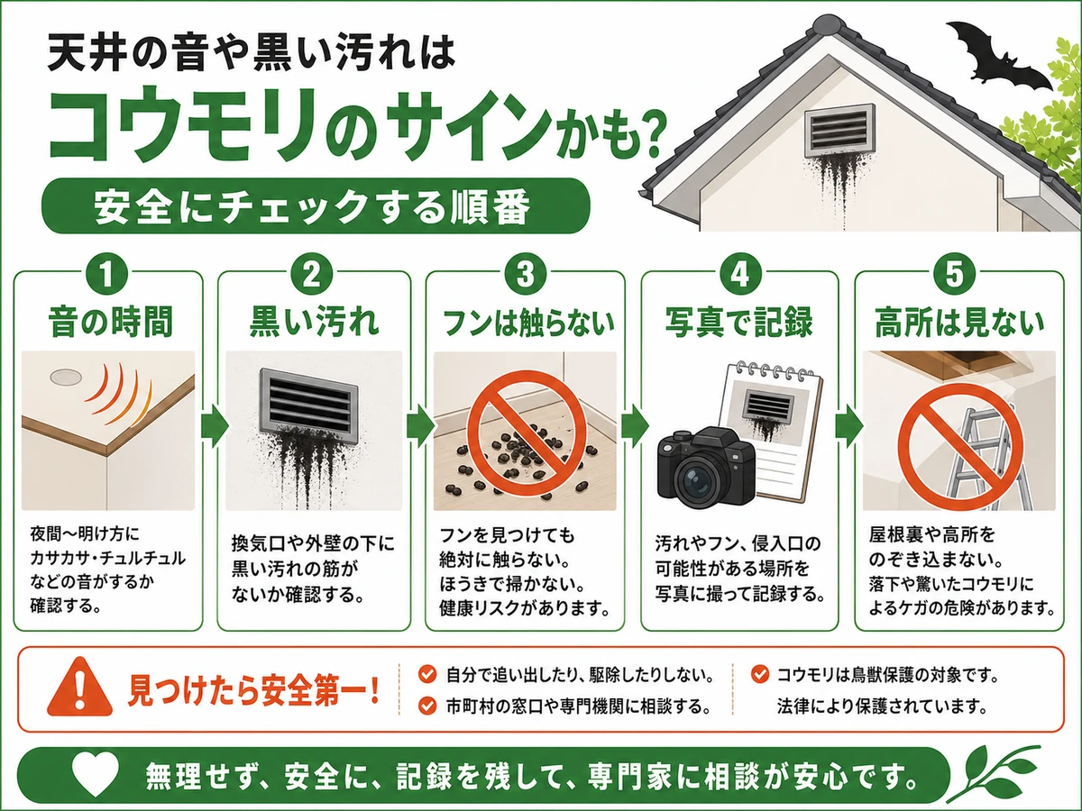天井の音と黒い汚れを安全に確認する順番の図解
