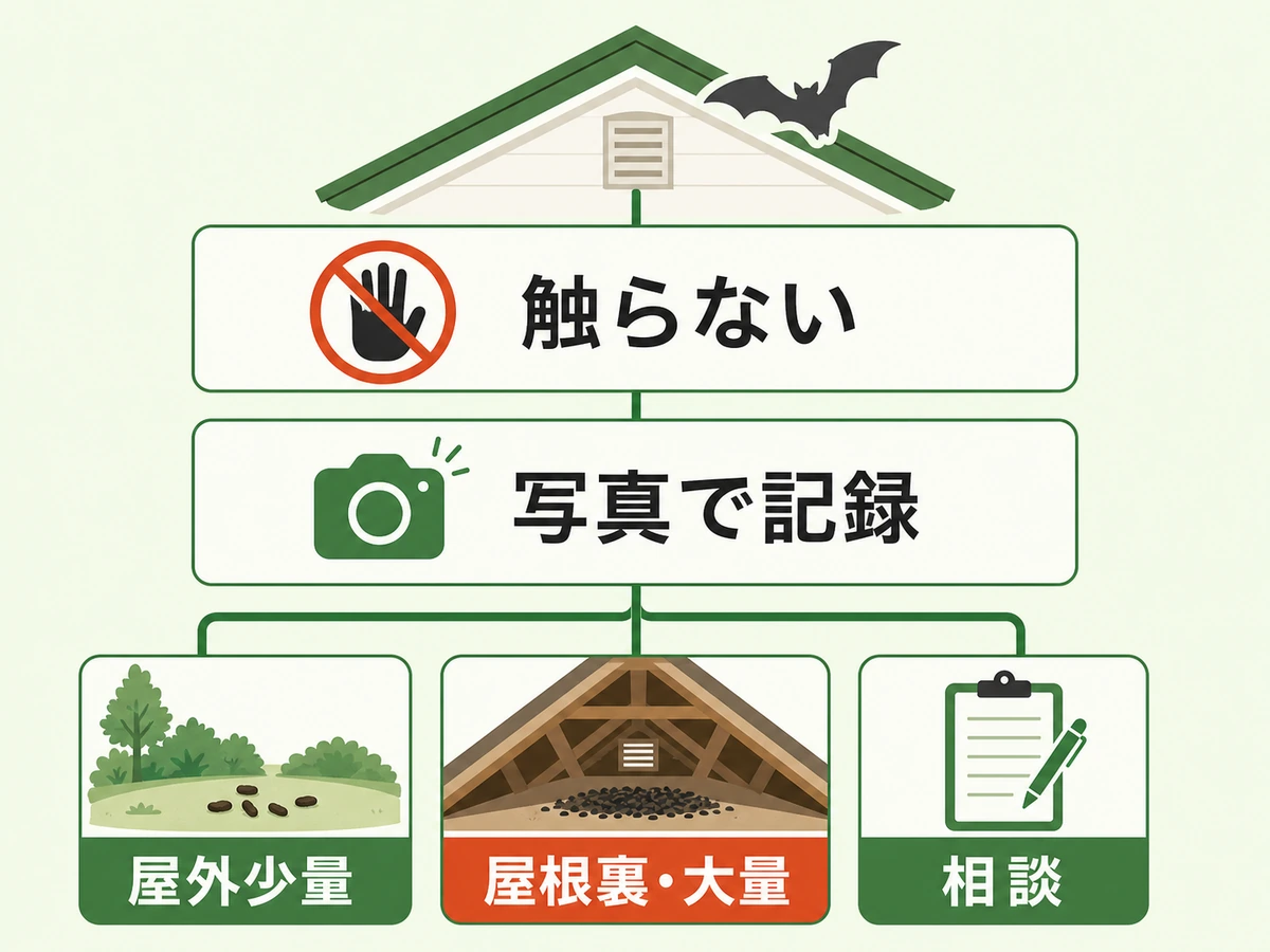 コウモリを見つけた直後に触らず記録し相談判断へ進む確認フロー