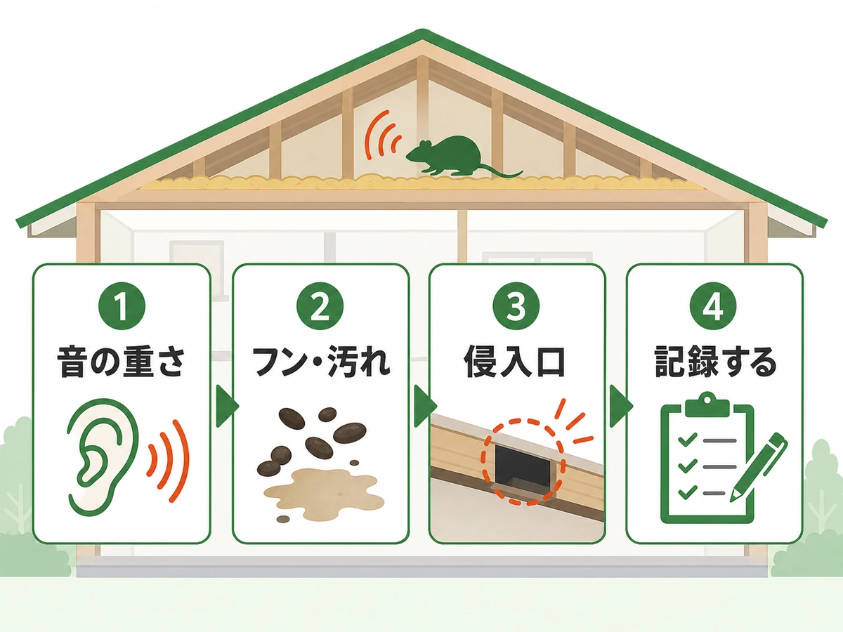 夜の天井裏音を音の重さ・フン・侵入口・記録で確認する流れ