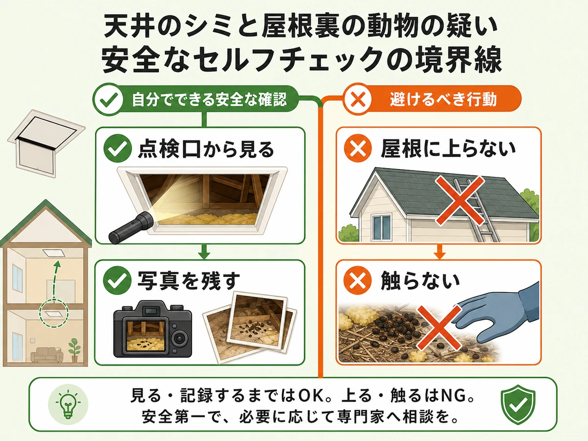 天井裏の安全な確認範囲と避ける作業を示す判断チャート