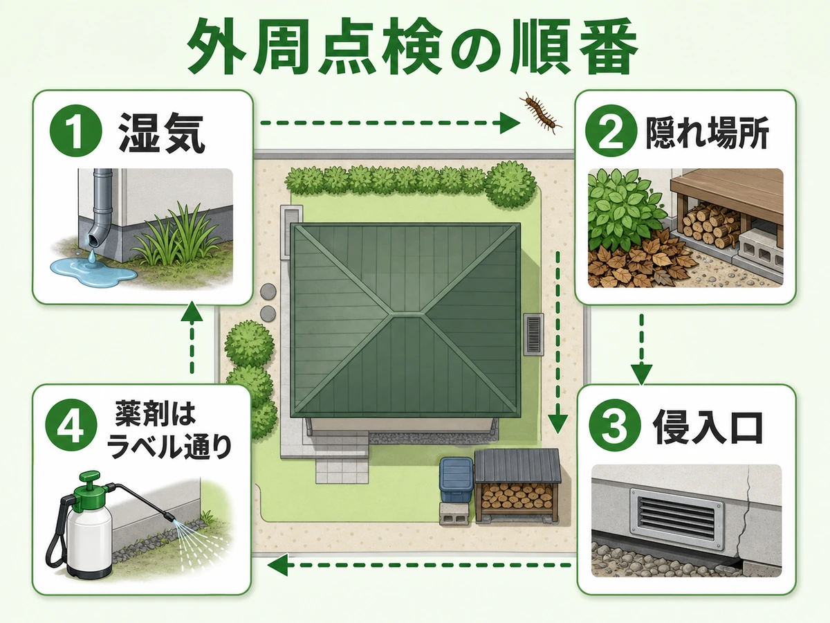 ムカデ対策で家の外周を点検する順番を示す図