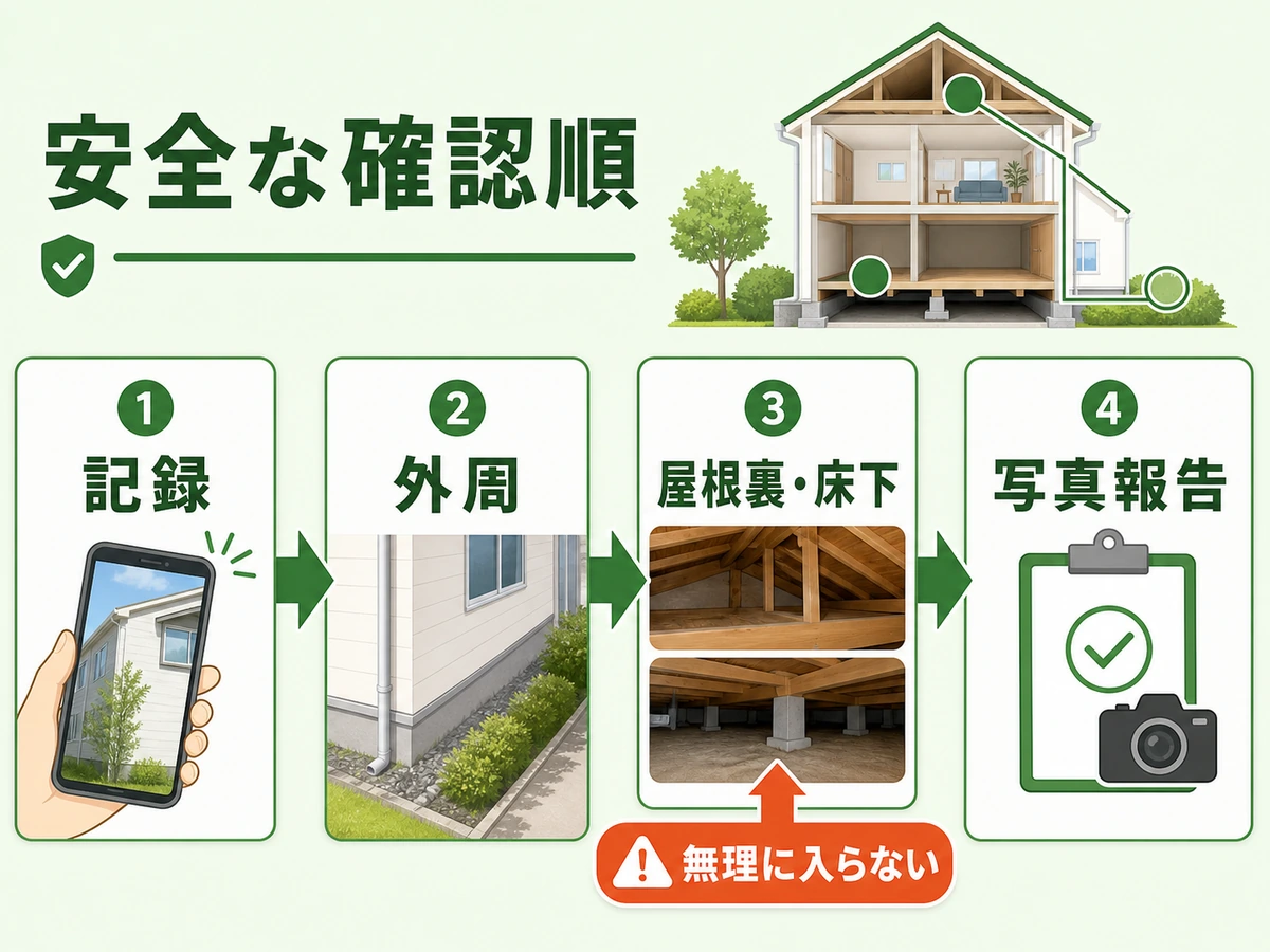 害獣点検で記録、外周、屋根裏・床下、写真報告の安全な確認順を示す図