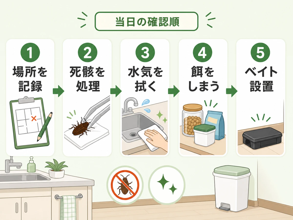 ゴキブリを1匹見た当日の確認順を示す図