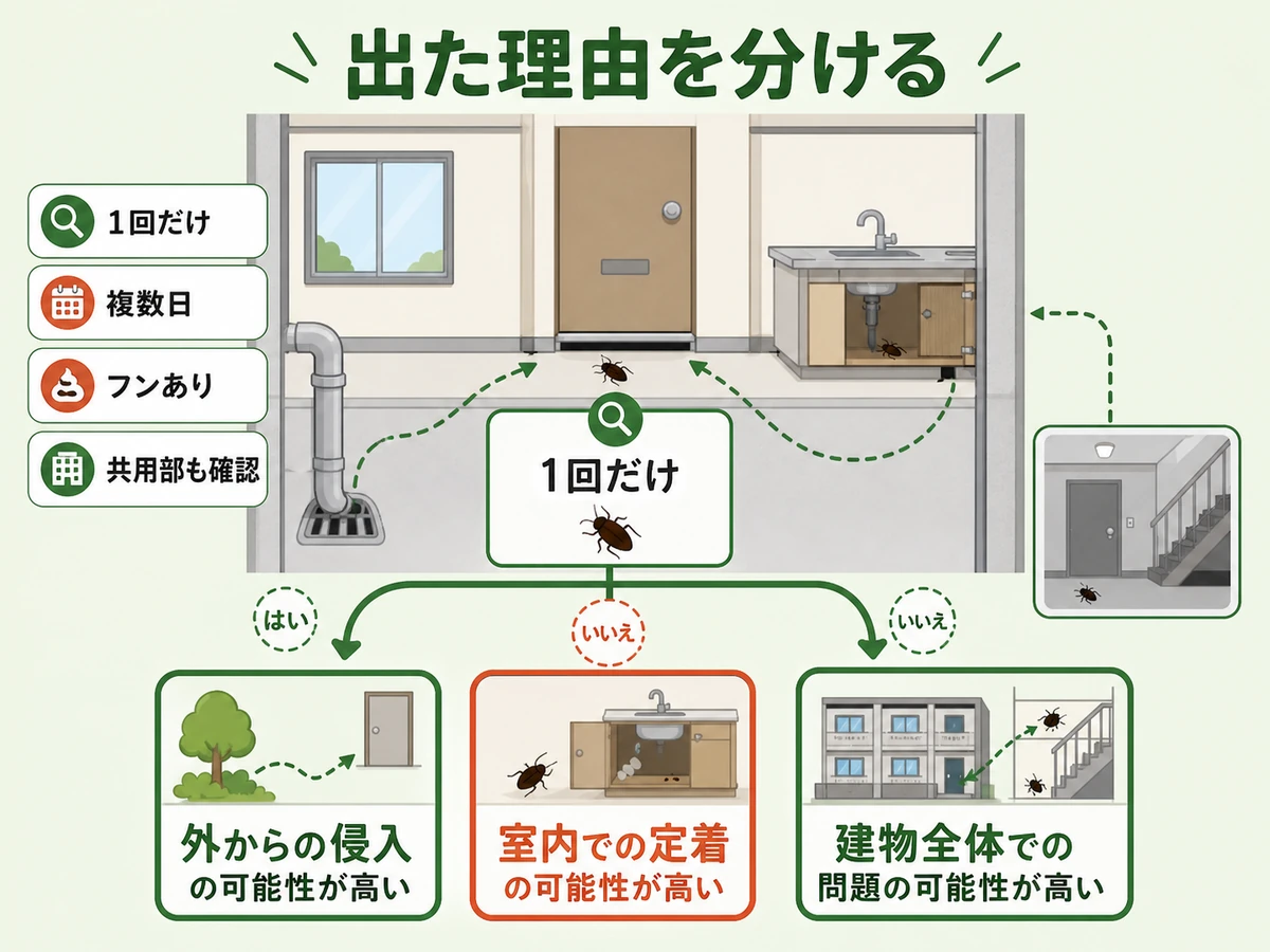 ゴキブリが出た理由を1回だけ・複数日・フンあり・共用部確認で分ける図