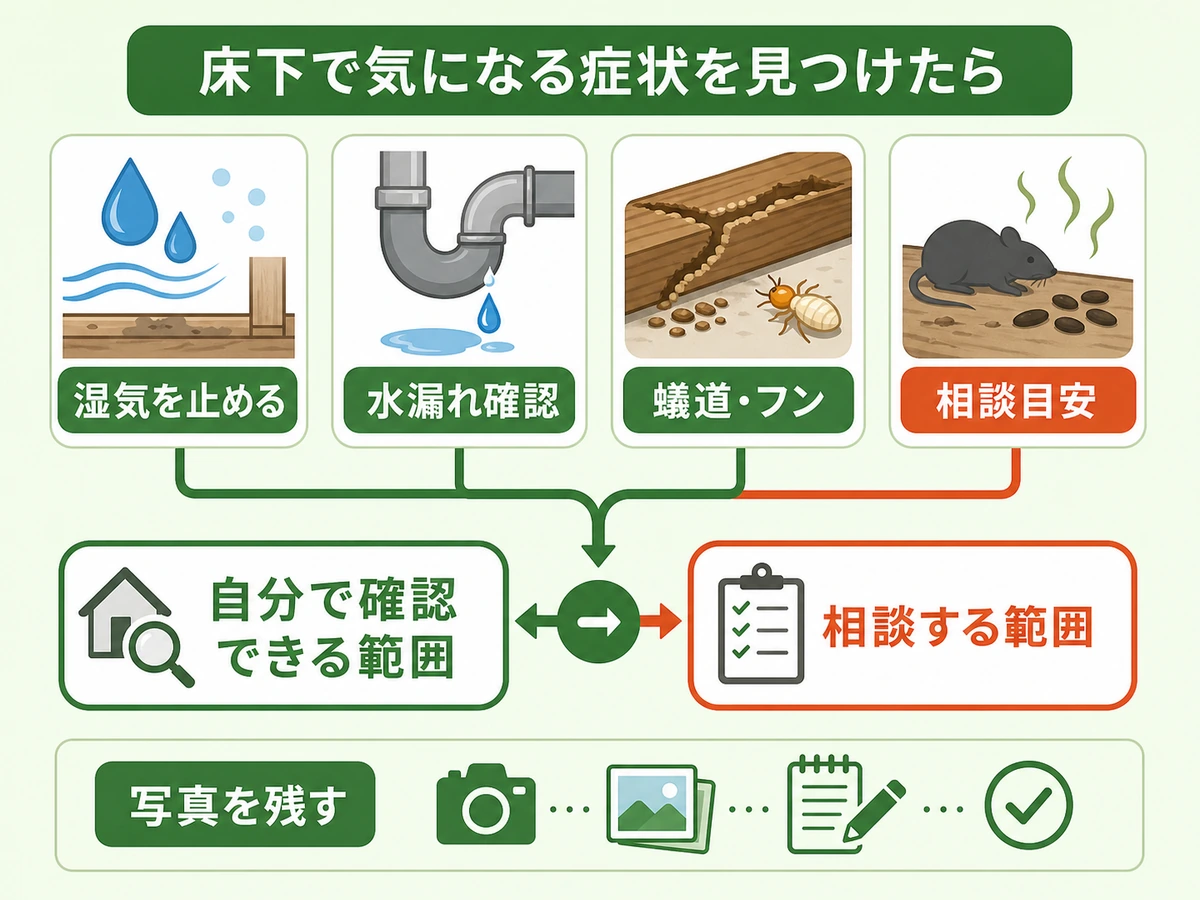 床下の湿気源、水漏れ、蟻道やフン、相談目安を整理する図解