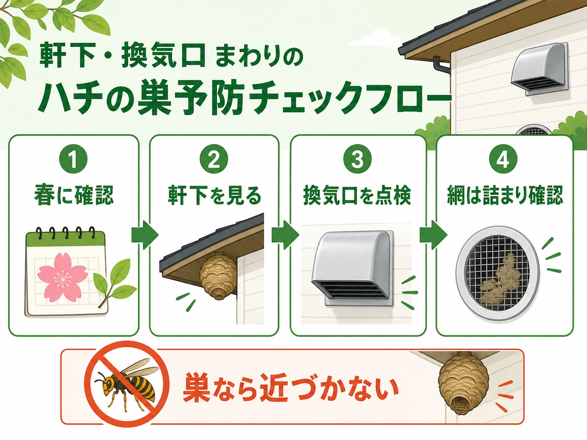 軒下と換気口まわりの蜂の巣予防チェックフロー