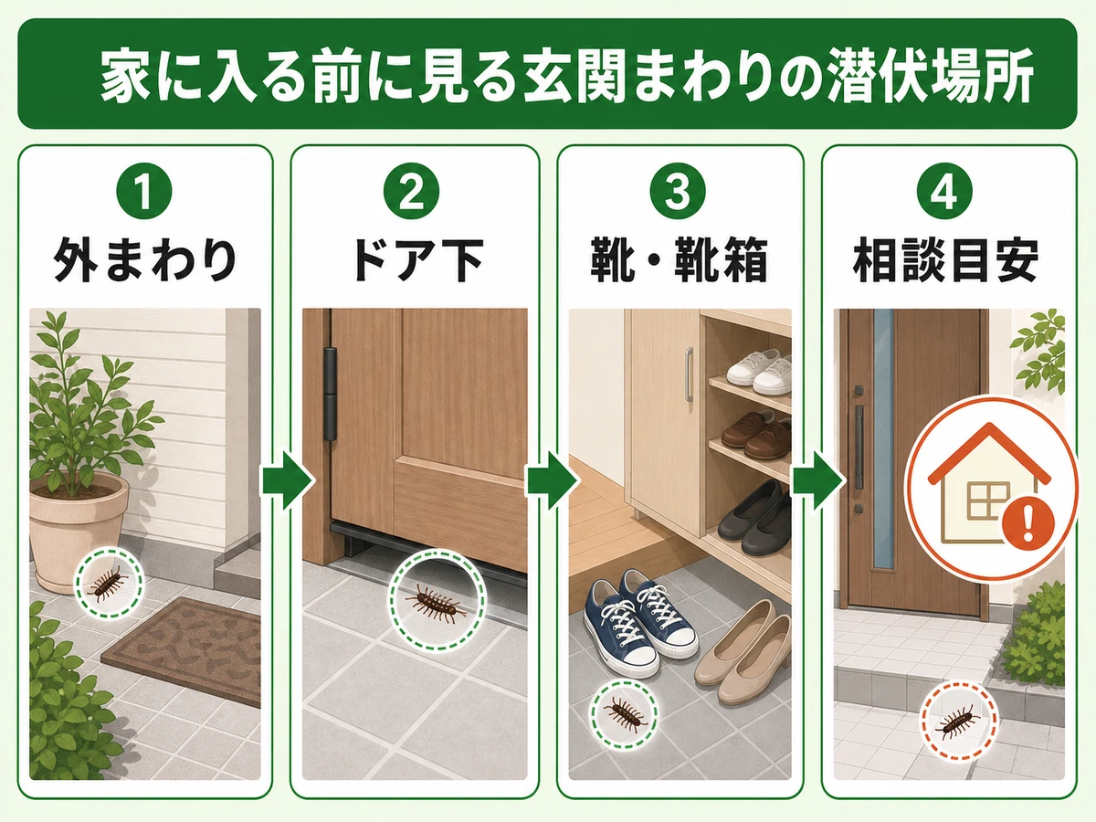 玄関まわりでムカデを確認する外まわり・ドア下・靴箱のチェックフロー