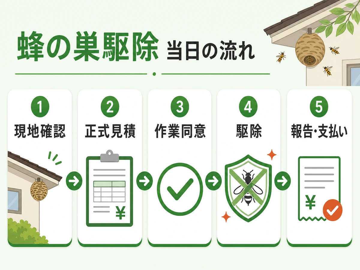 蜂の巣駆除当日の現地確認から支払いまでの流れ