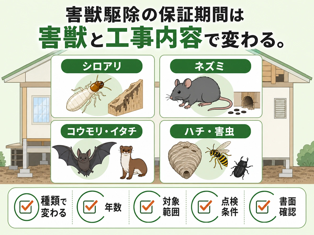 害獣駆除の保証期間が害獣と工事内容で変わることを示す比較図