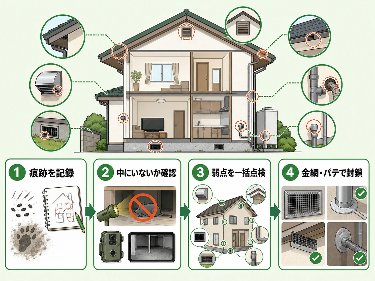 害獣の侵入口封鎖前に痕跡記録から金網・パテ封鎖までの順番を示す図