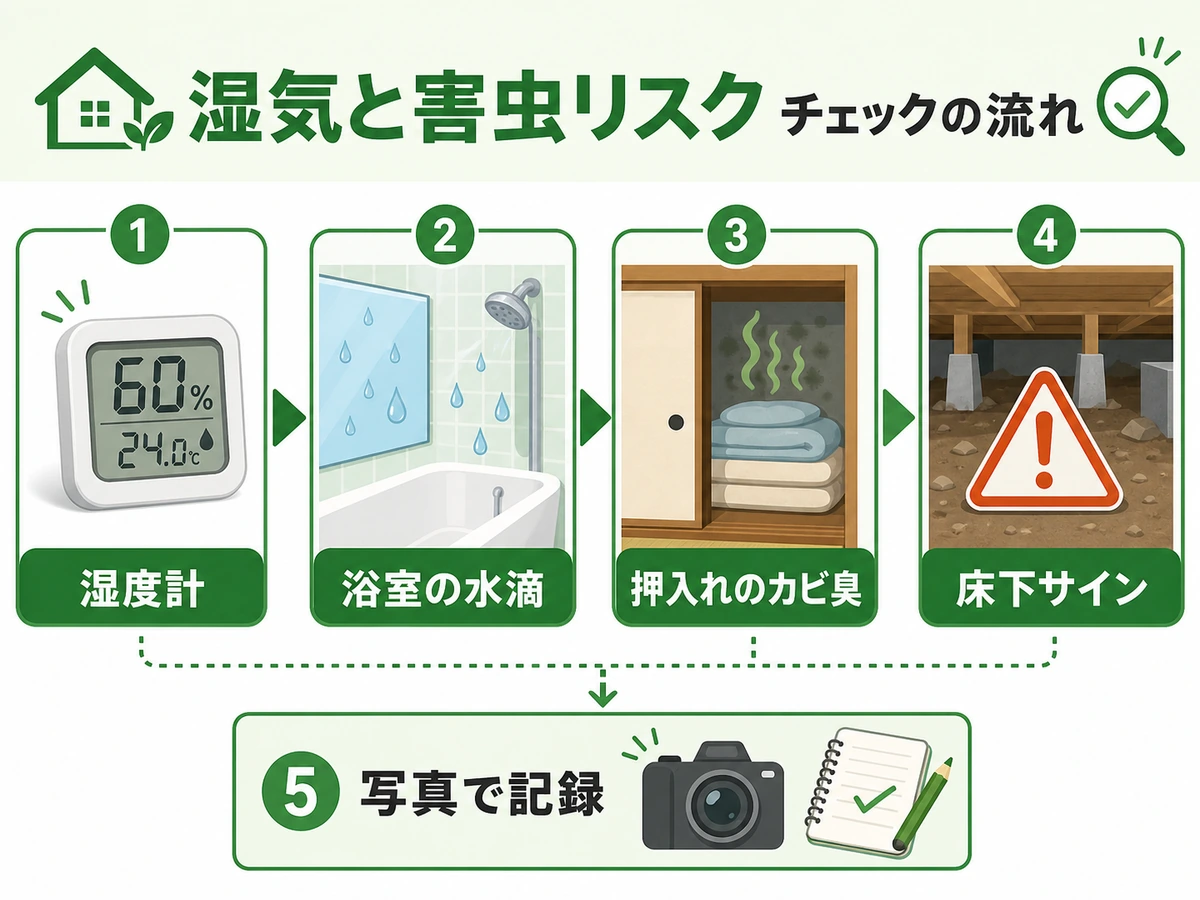 湿度計、浴室、押入れ、床下サイン、写真記録の確認順を示す図