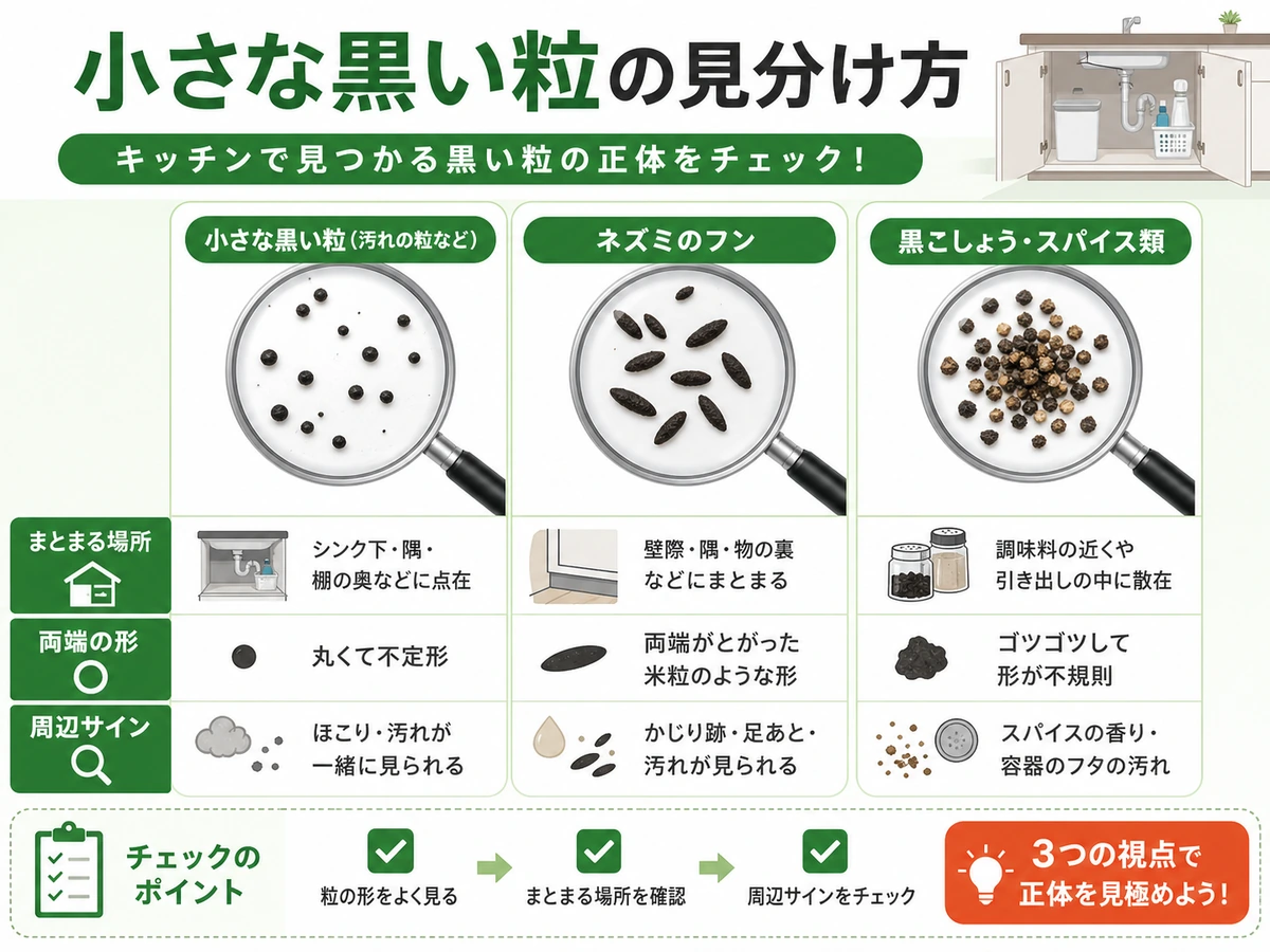 キッチンの黒い粒を場所、形、周辺サインで見分ける比較図