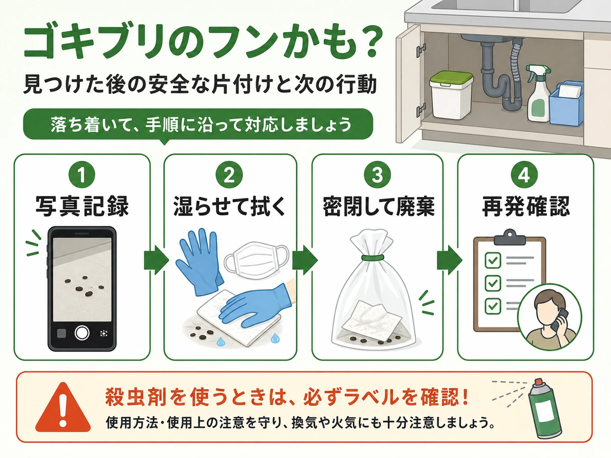 黒い粒を見つけた後に写真記録、湿式清掃、密閉廃棄、再発確認へ進む手順図