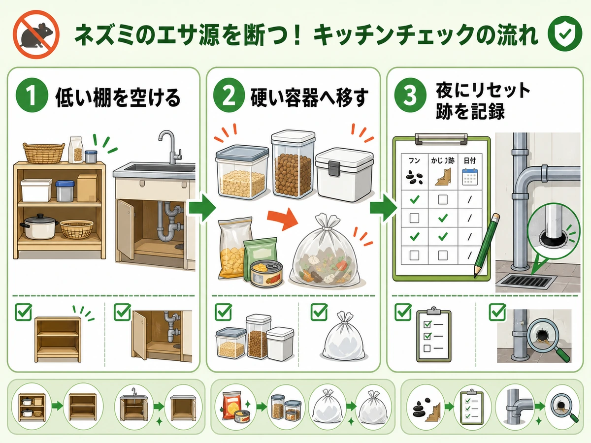キッチンで低い棚を空け、硬い容器へ移し、夜にリセットして跡を記録する流れ