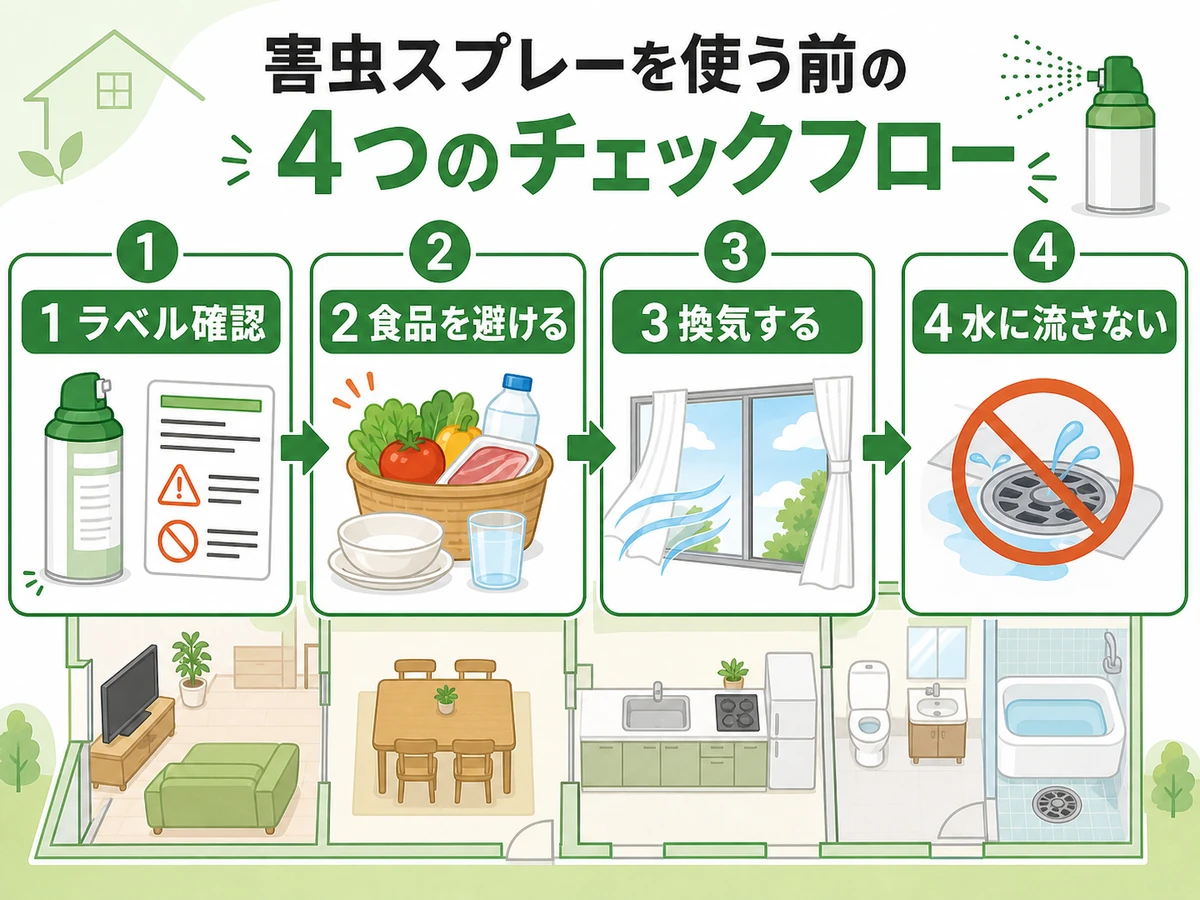 害虫スプレーを使う前のラベル確認、食品回避、換気、水に流さない確認フロー